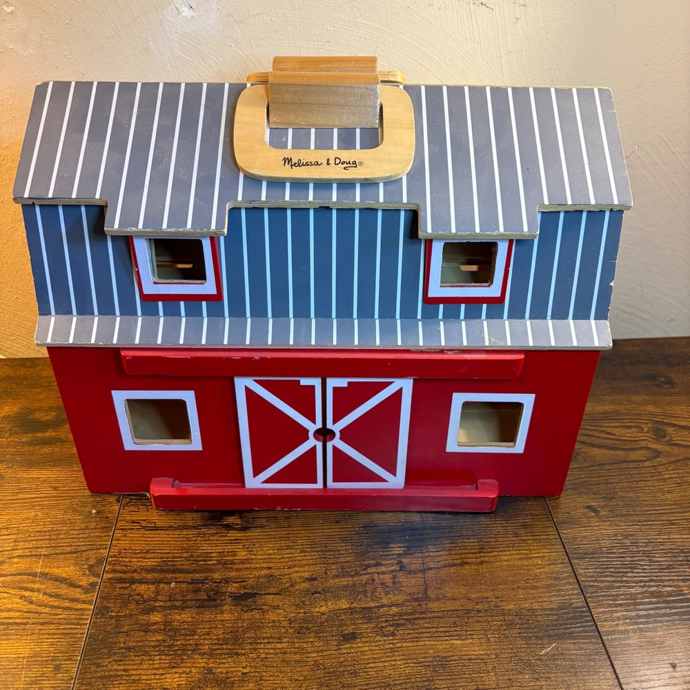 Melissa & Doug Fold & Go Wooden Barn Portable Farm House Toy Red Grey